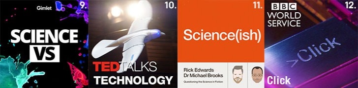 Images depicting Science Vs, Ted Talks Technology, Science(ish) and BBC World Service podcasts.