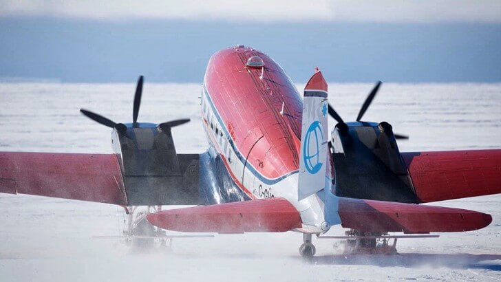 A aeroplane parked on the Antarctic ice 