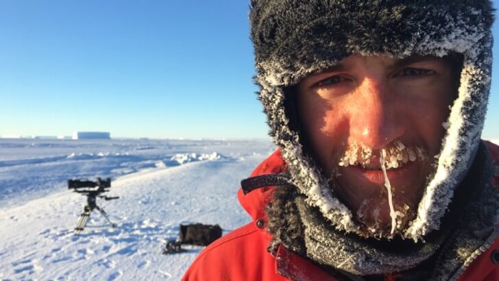 Lindsay McCrae with a frozen moustache and beard in Antarctica