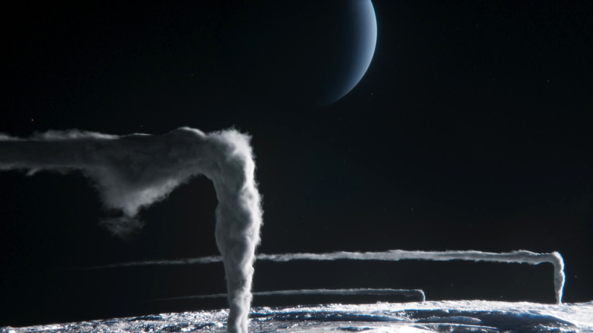 A geyser blasts high from the surface of Triton, Neptune's largest moon.